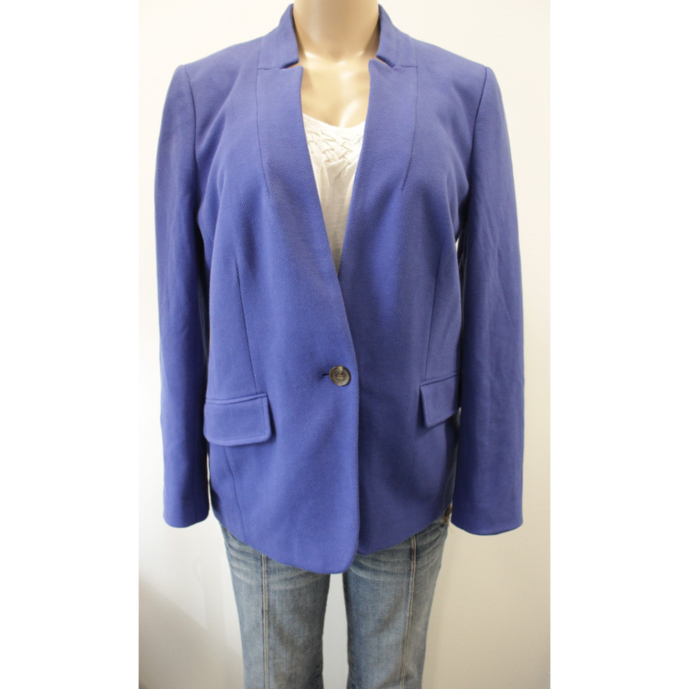 Talbots Blazer Womens Size 12 Blue Cotton Blend Collarless One Button Lined